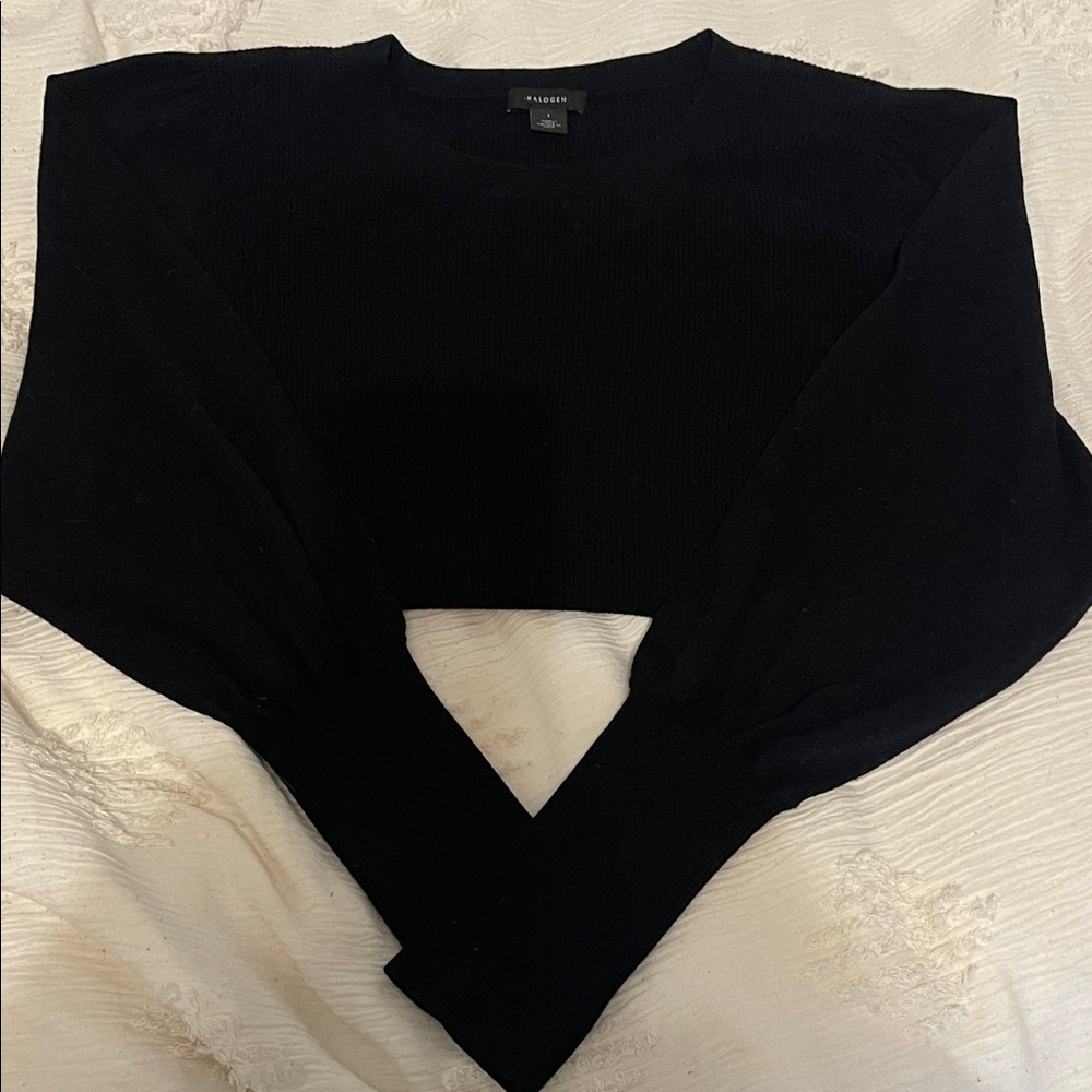 Halogen Black Crew Neck Sweater with dramatic puff sleeves that cinch at wrist
